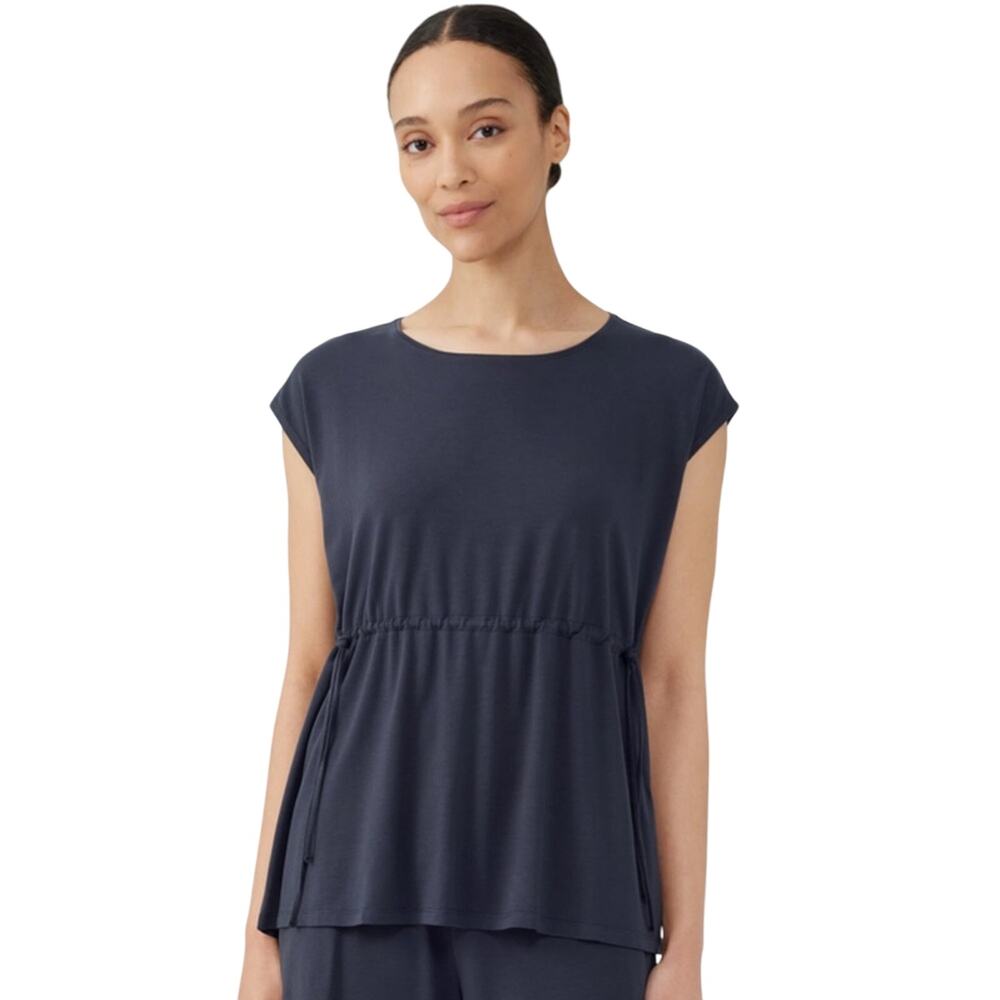 Eileen Fisher Fine Jersey Jewel Neck Top Boxy Fit, Long Length Navy Top Size XS